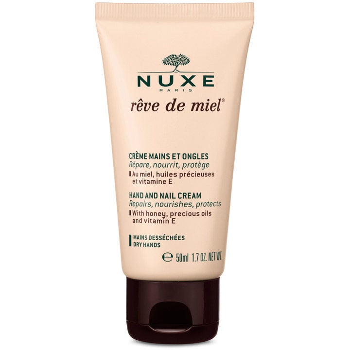Nuxe Rêve de Miel 50ml nuxe handkräm reparerande hand och nagelkräm vitamin e i en beige tub med mörkbrunt lock