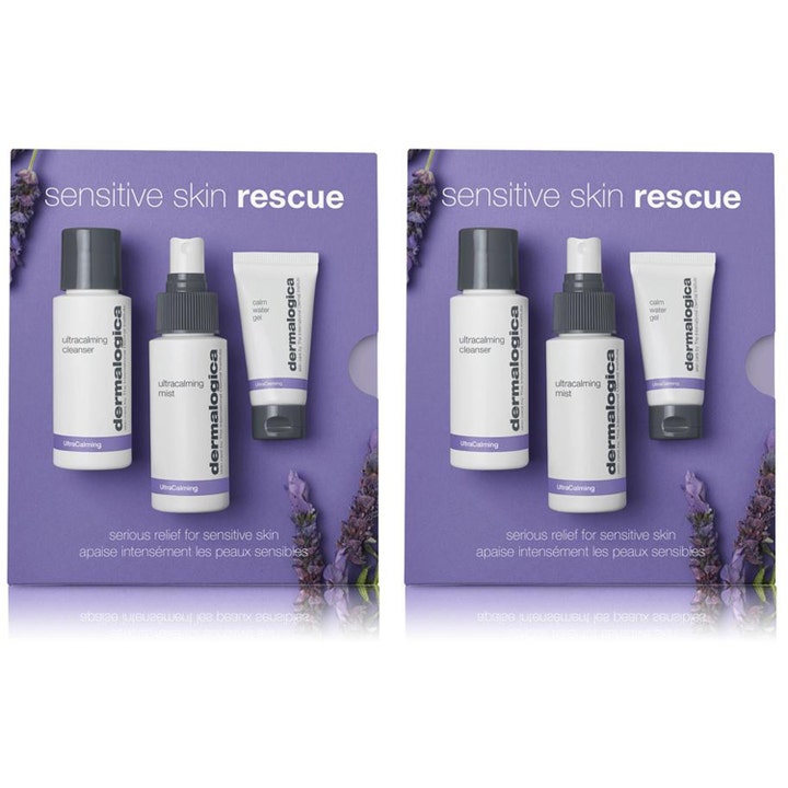 Dermalogica Sensitive Skin Rescue Kit lugnande hudvårdskit med tre vita produkter i lila box med lavendelblommor.