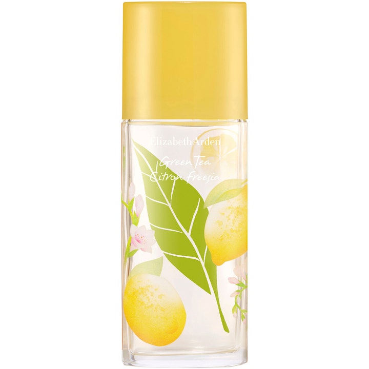 Elizabeth Arden Green Tea parfym 100 ml fräsch citrusdoft i glasflaska med gult lock prydd med gröna blad och citroner