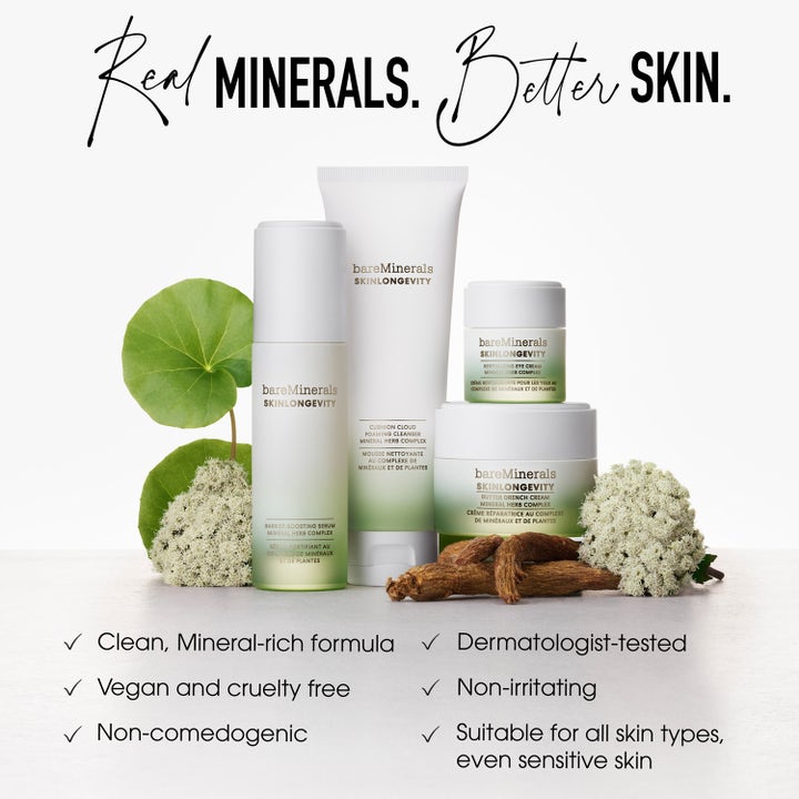 bareMinerals Skinlongevity Barrier Boosting Serum 30 ml vegansk hudvård som stärker hudbarriären visas med gröna blad