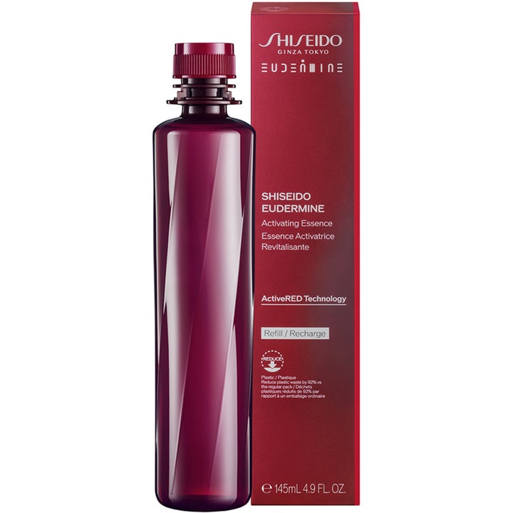 Shiseido Eudermine Activating Essence 145ml aktiverande återfuktande essence i mörkröd plastflaska för refill bredvid röd box