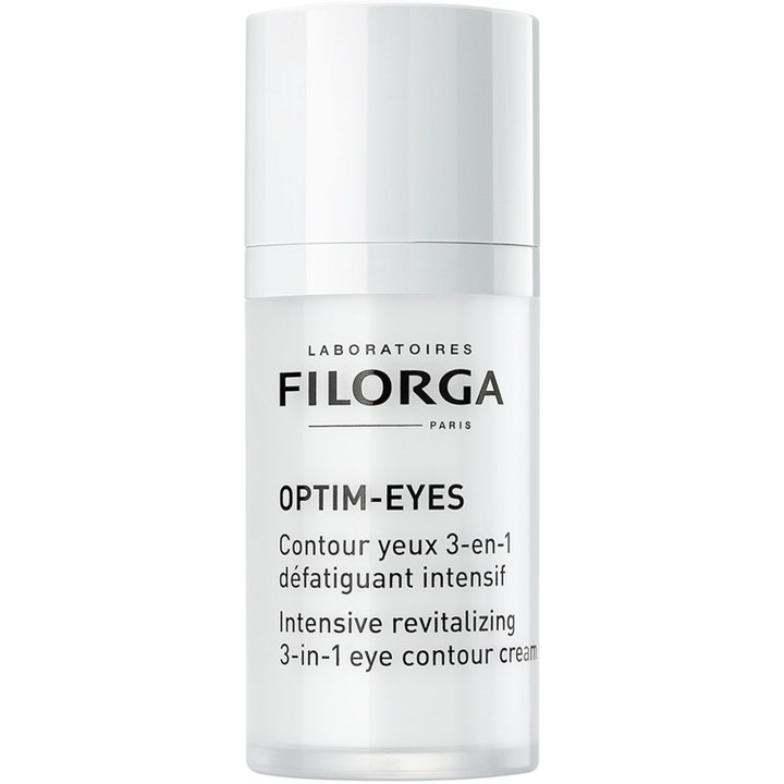 Filorga Optim-Eyes 3-i-1 ögonkräm mot mörka ringar och påsar i en vit minimalistisk pumpflaska med vitt lock.