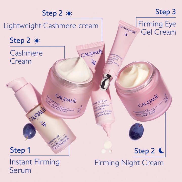 Caudalie Resveratrol-Lift Lightweight Firming Cashmere Cream 40 ml fuktgivande uppstramande ansiktskräm i rosa tub steg två