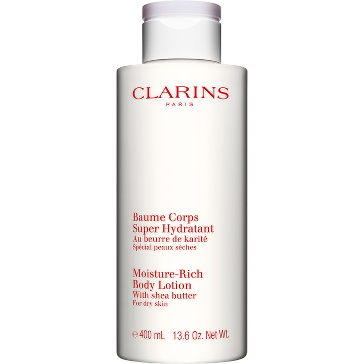 Clarins Moisture-Rich Body Lotion 400 ml återfuktande kroppslotion med sheasmör i vit flaska med vitt lock