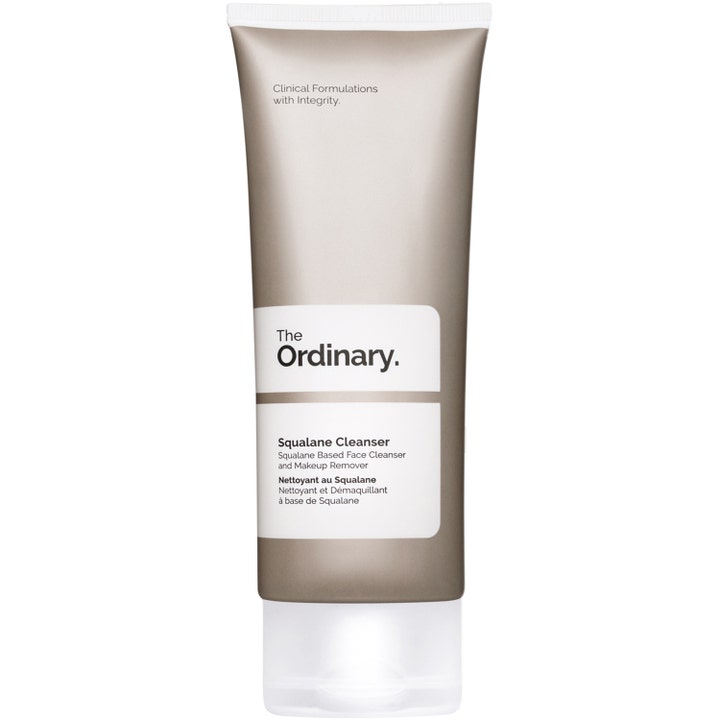 The Ordinary Squalane Cleanser 150ml vegansk ansiktstvätt ger sminkborttagning i en gråbeige tub med vit etikett och kork