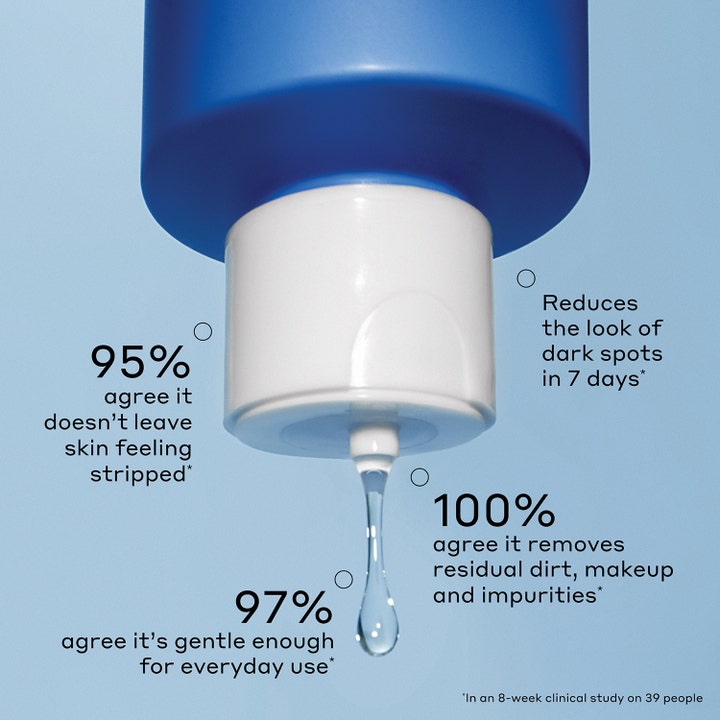 Ole Henriksen Glow2OH Dark Spot Toner 190 ml toner mot mörka fläckar visar klar droppe från blå flaska och kliniska resultat.