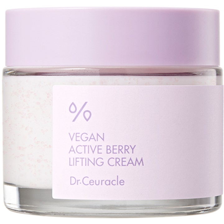 Dr.Ceuracle Vegan Active Berry Lifting Cream lyftande och uppstramande kräm i glasburk med lila lock och rosa kapslar.
