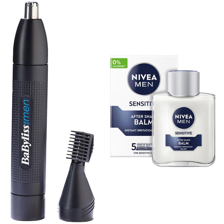 BaByliss for Men nästrimmer och Nivea Men Sensitive After Shave Balm 100 ml i glasflaska ger len hud.