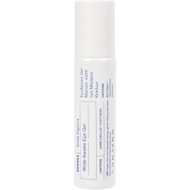 Korres Greek Yoghurt Wide Awake Eye Gel 15 ml ögongel mot mörka ringar och svullnad i vit tub med roller och koffein.