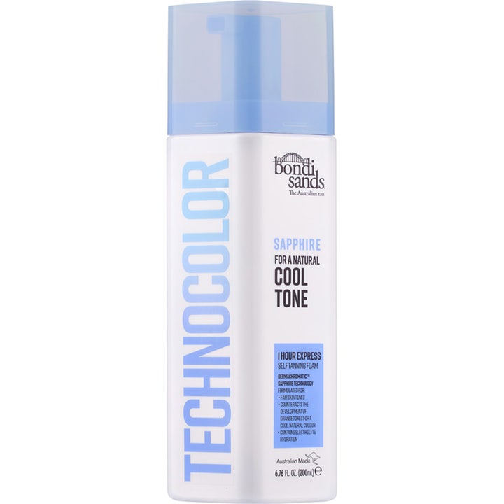 Bondi Sands Technocolor Sapphire 200ml brun-utan-sol 1 timme ger kall underton i vit pumpflaska med blått lock