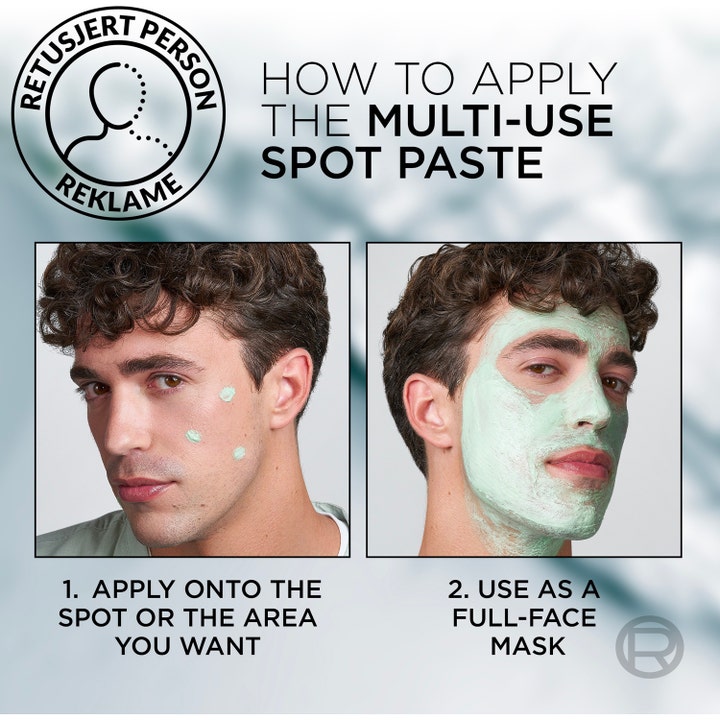 L'Oréal Paris Men Expert S.O.S Spot Paste 45 ml aknebehandling ansiktsvård män visar punktapplicering och som ansiktsmask.