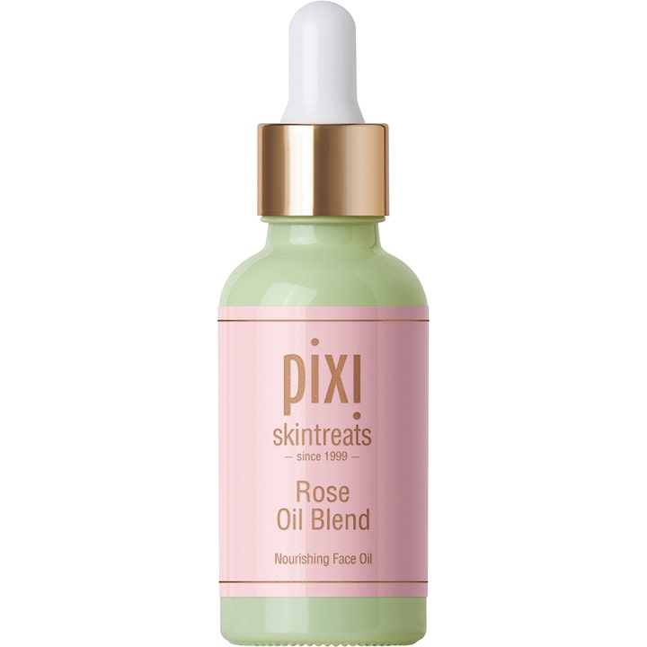 Pixi Rose Oil Blend 30ml närande ansiktsolja för glow i en ljusgrön flaska med rosa etikett och guldkork