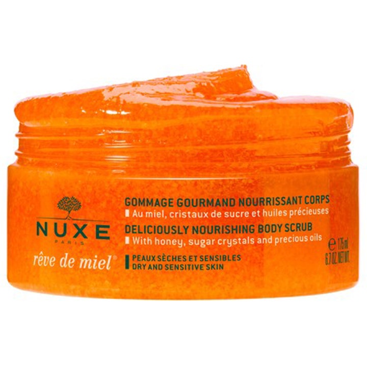 Nuxe Rêve de Miel Body Scrub 175 ml exfolierande kroppsskrubb känslig hud i burk med bärnstensfärgad honungstextur.