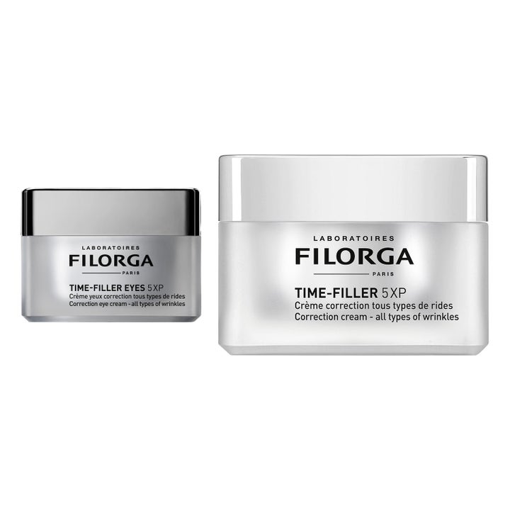 Filorga Time-Filler 5XP och Eyes 5XP mot rynkor i eleganta silverfärgade glasburkar med matchande silverlock