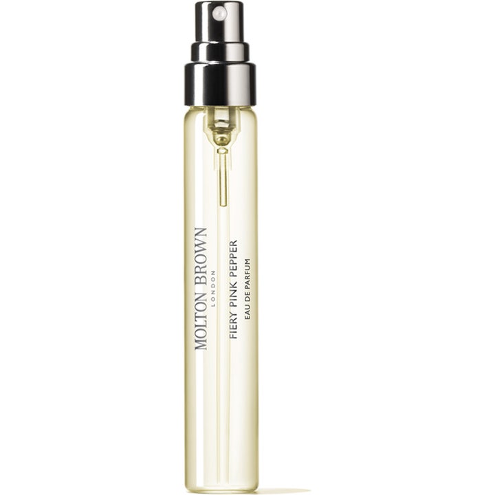 Molton Brown Fiery Pink Pepper Eau de Parfum 7,5 ml reseparfym med exklusiv kryddig doft i smal glasflaska med silver