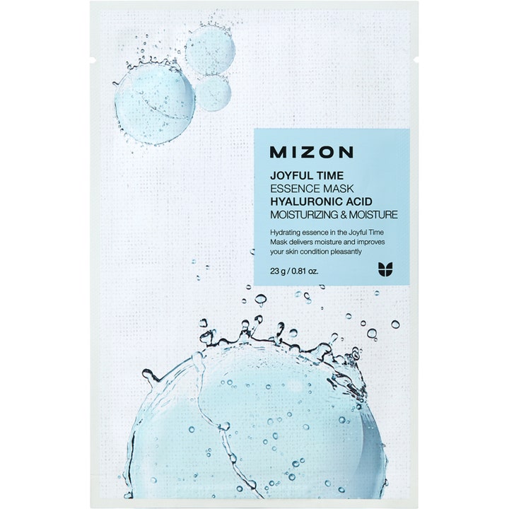 Mizon Joyful Time Essence Mask 23 g fuktboostande hyaluronsyra mask för uttorkad hud i ljusblå påse med vattenstänk.