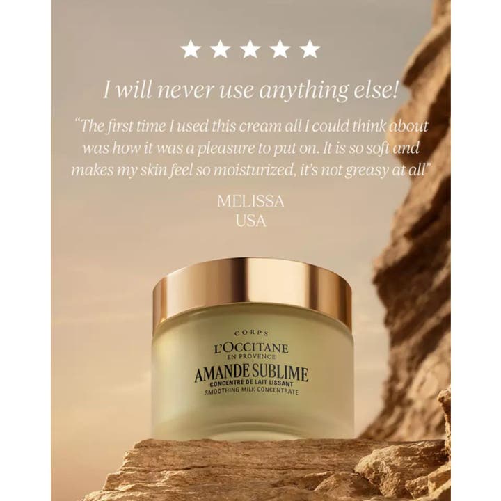 L'Occitane en Provence Almond Milk Concentrate 200 ml fast mandelkräm i glasburk med guldlock och en femstjärnig recension