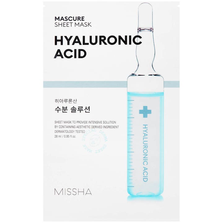 MISSHA Mascure Sheet Mask Hyaluronic Acid 28 ml återfuktande ansiktsmask engångs i vit förpackning med blå ampull.