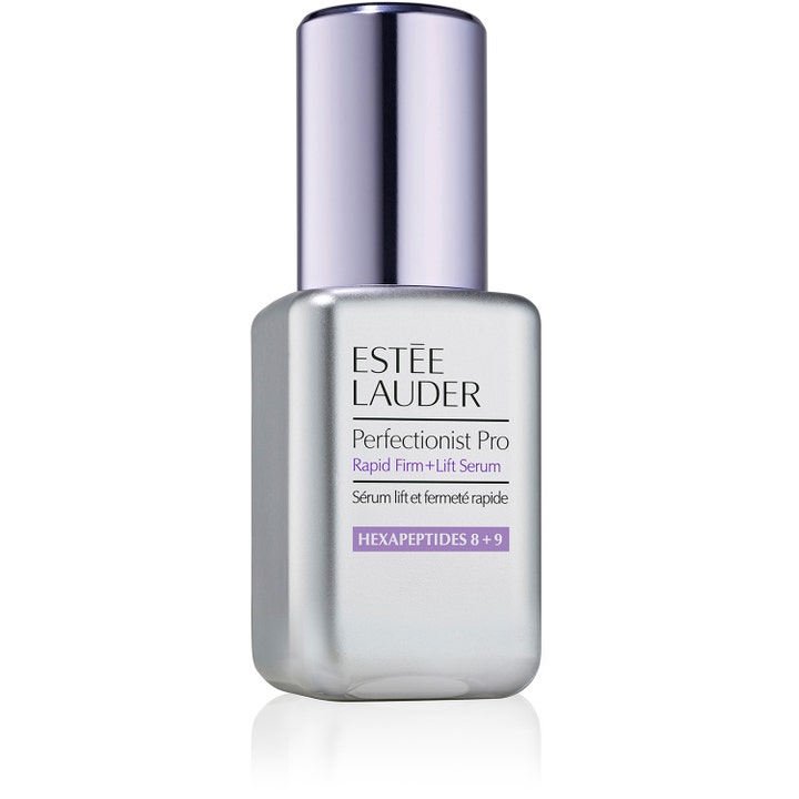 Estée Lauder Perfectionist Pro Rapid Firm + Lift Serum peptidserum ger rapid lyft i silverflaska med lila detaljer.