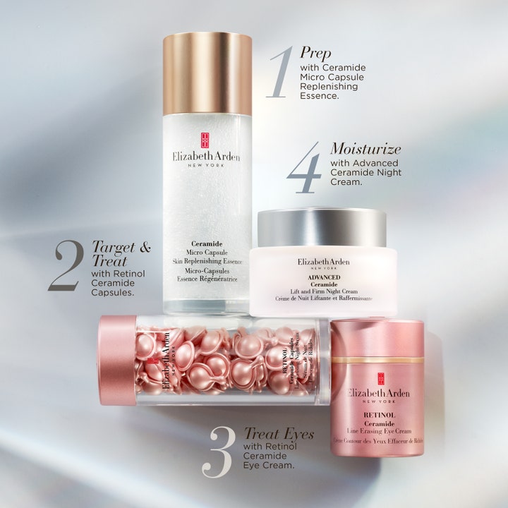 Elizabeth Arden Ceramide Lift & Firm Night Cream 50 ml i vit burk som steg 4 i en numrerad hudvårdsrutin för ansiktet.