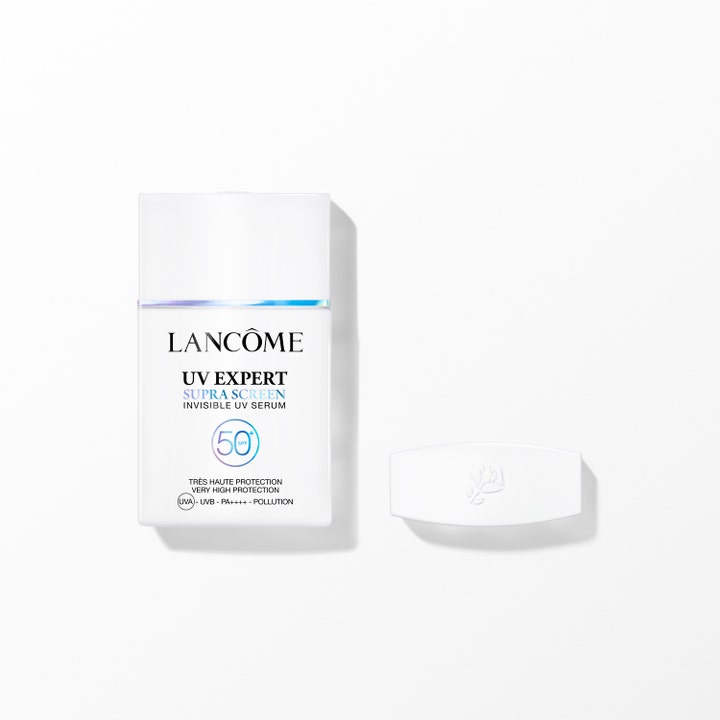 Lancôme UV Expert Supra Screen SPF 50+ solskydd ansikte dagligt i vit flaska med iriserande detaljer och lock