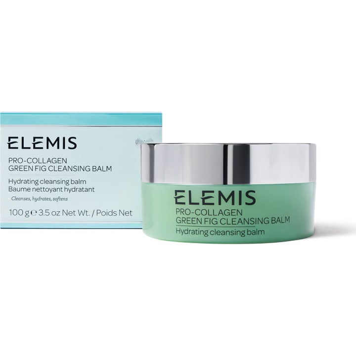 Elemis Pro-Collagen Green Fig Cleansing Balm 100 g återfuktande elemis rengöringsbalm i grön burk med silverlock och ask.