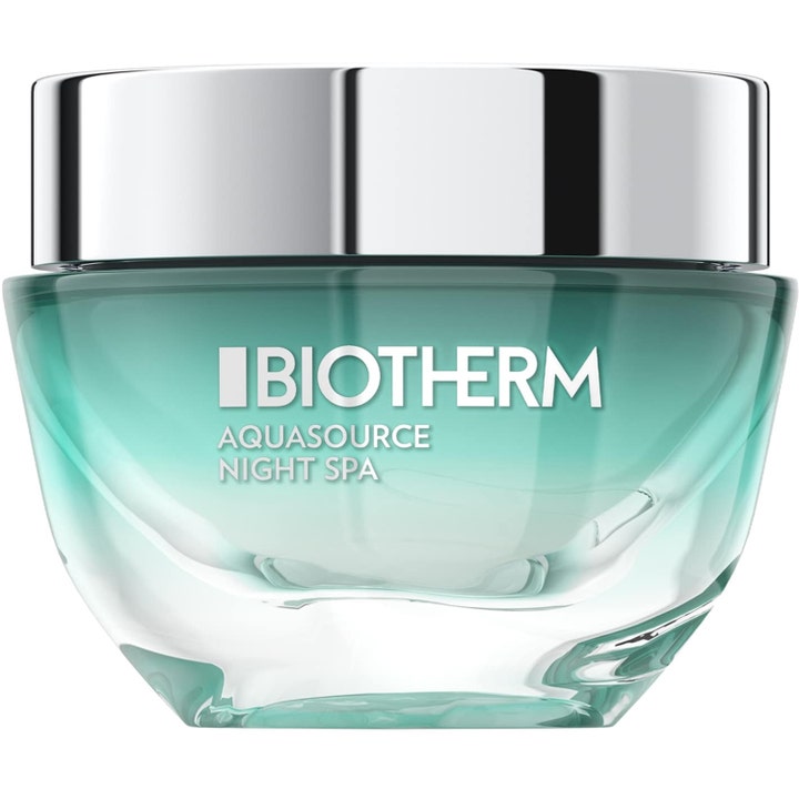 Biotherm Aquasource Night Spa 50ml återfuktande nattkräm i en elegant turkos glasburk med glansigt silverlock.