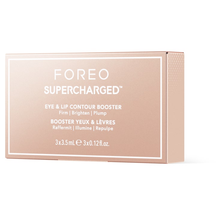FOREO SUPERCHARGED Eye & Lip Contour Booster 3x3,5 ml läppserum och bästa ögonserumet i lyxig roséguldfärgad ask.