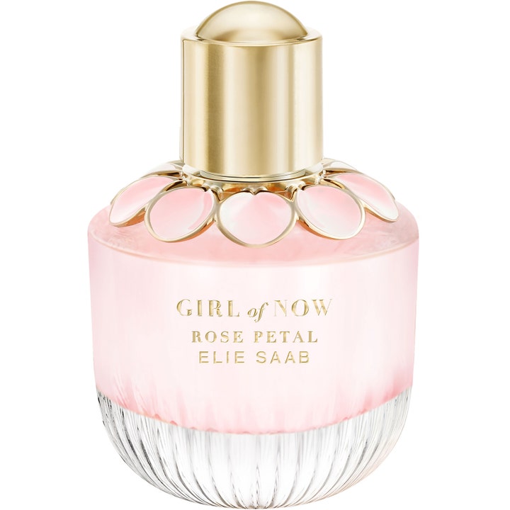 Elie Saab Girl of Now Rose Petal 50 ml blommig designerparfym i rund glasflaska med guldlock och rosa kronblad