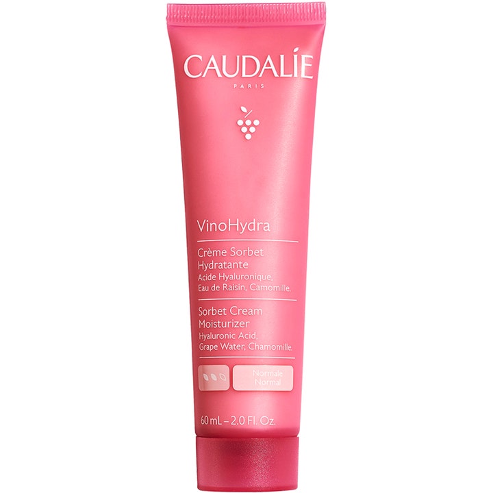 Caudalie VinoHydra Sorbet Cream 60 ml återfuktande ansiktskräm som ger fukt i en matt ljusrosa tub med mörkrosa lock