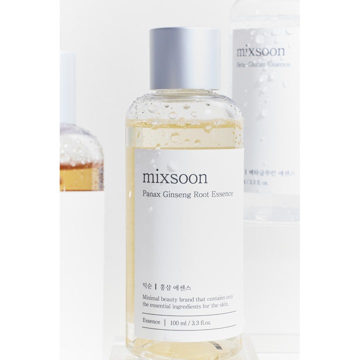 Mixsoon Panax Ginseng Root Essence 100 ml ginseng essence kollagenboost i klar flaska med vattendroppar och silverlock