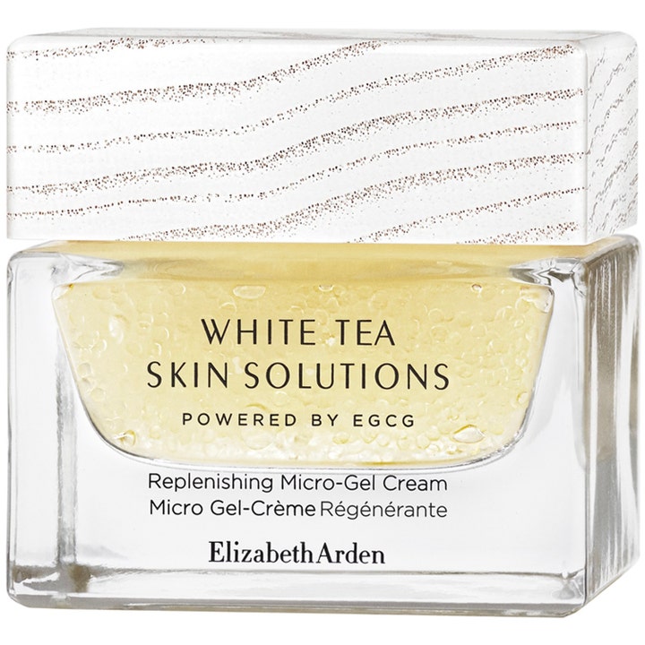 Elizabeth Arden White Tea Skin Solutions 50 ml antioxidant kräm är en microgelkräm i glasburk med mönstrat vitt lock.