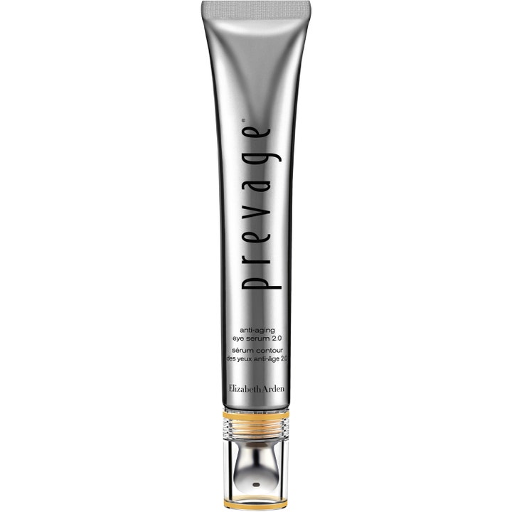 Elizabeth Arden Prevage ögonserum 2.0 med idebenone motverkar rynkor i en silvrig tub med svalkande metallapplikator.
