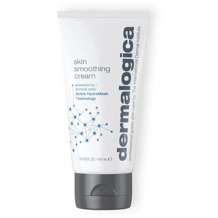 Dermalogica Skin Smoothing Cream 100 ml ansiktskräm för torr hud i vit tub med grått lock och blått mönster.