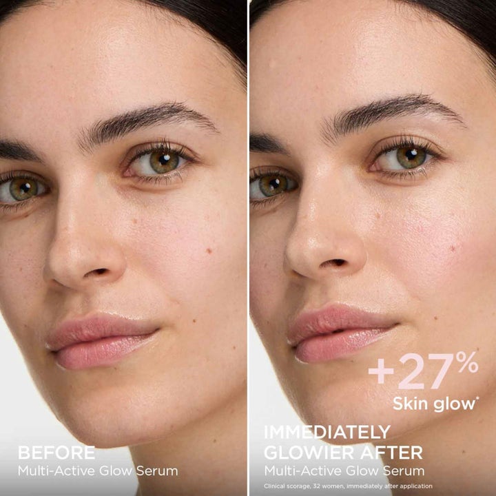 Clarins Multi-Active Glow Serum 30 ml lystergivande serum före och efter bild som ger +27% skin glow