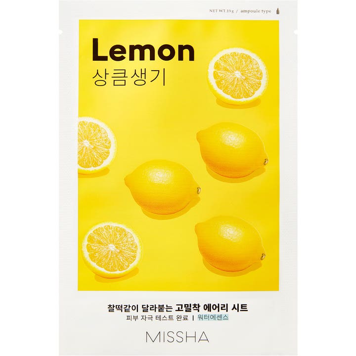 MISSHA Airy Fit Sheet Mask Lemon 19g lystergivande ansiktsmask med citron i vit och gul förpackning