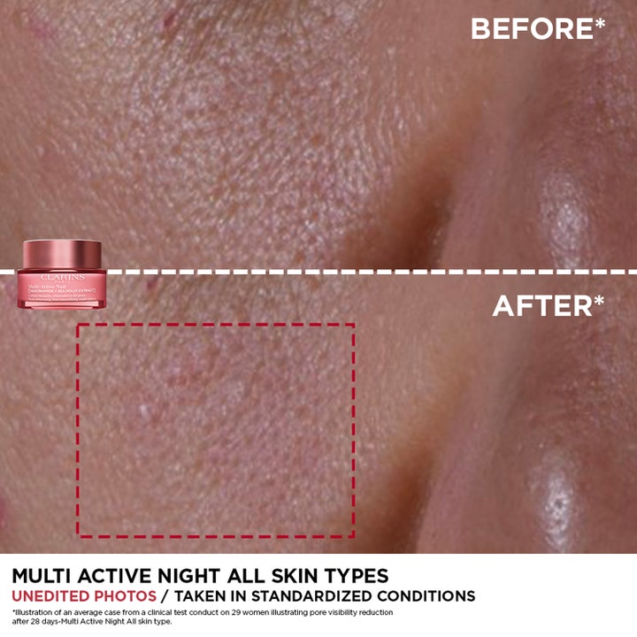 Clarins Multi-Active Nuit 50 ml nattkräm ger hudföryngring med före- och efterbilder som visar minskade porer.