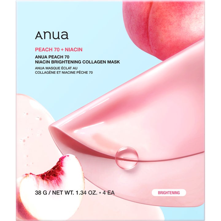 Anua Peach 70 Niacin Brightening Collagen Mask 4 st lystergivande ansiktsmask i ljusrosa förpackning med en persika.