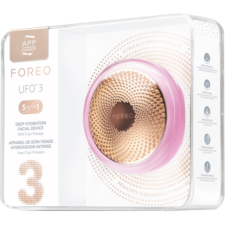 FOREO UFO 3 Pearl Pink 1 st ljusterapi FOREO för ansiktsbehandling hemma i transparent box med roséguldsdetalj.