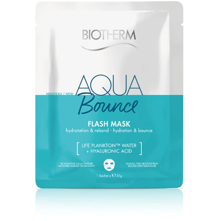 Biotherm Aqua Bounce Flash Mask 31g återfuktande ansiktsmask med hyaluronsyra i vit och turkos sachet