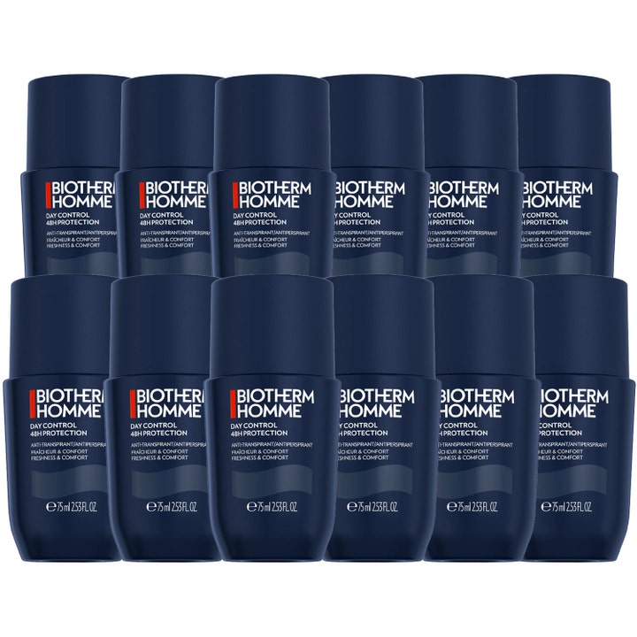 Biotherm Homme Day Control 48H Protection 12-pack 75 ml antiperspirant ger fräschör i mörkblå roll-on flaskor