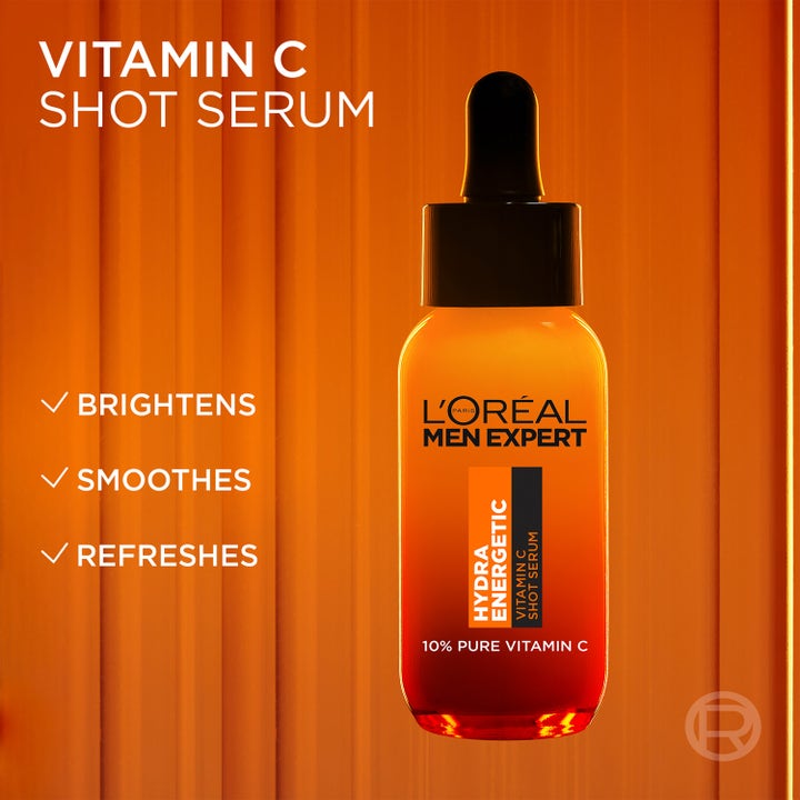 L'Oréal Paris Men Expert Hydra Energetic Vitamin C Serum 30 ml hudvård i orange flaska som ger lyster och fräschar upp.