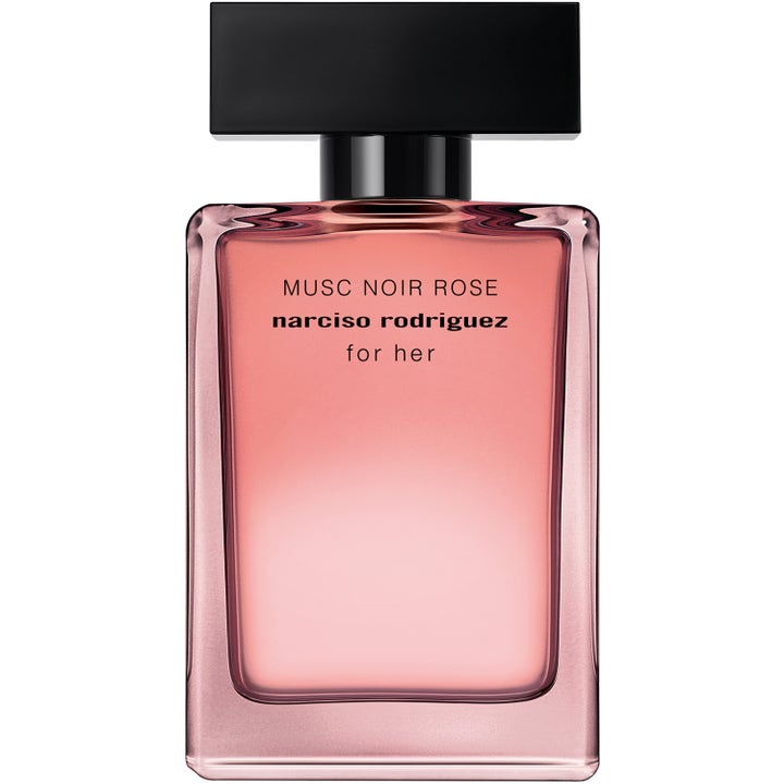 Narciso Rodriguez Musc Noir Rose 50 ml blommig parfym i rektangulär glasflaska med rosa nyans och svart kork