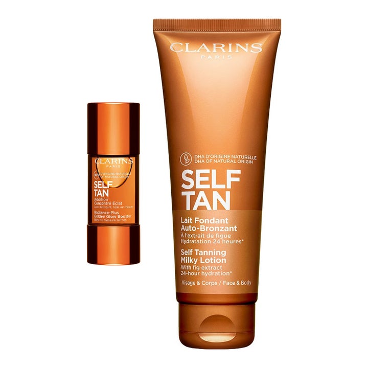 Clarins Self Tan Milky Lotion och Golden Glow Booster brun utan sol ger solkysst lyster i bronsfärgad tub och flaska