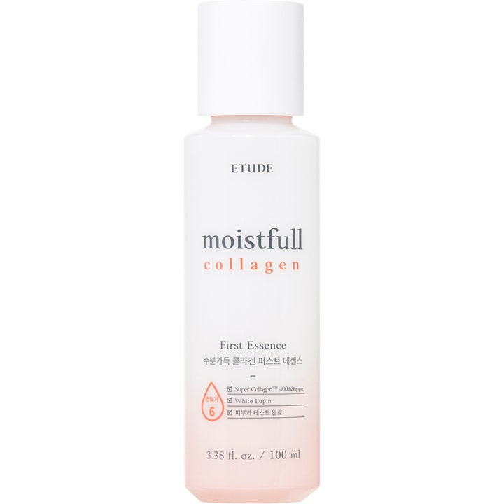 Etude Moistfull Collagen First Essence 100 ml återfuktande ansiktsessence i vit flaska med persikofärgad botten
