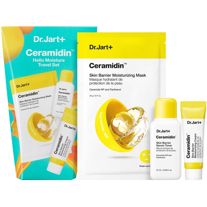 Dr.Jart+ Ceramidin Hello Moisture Travel Set med ceramider dr jart stärker hudbarriär i gul och turkos förpackning.