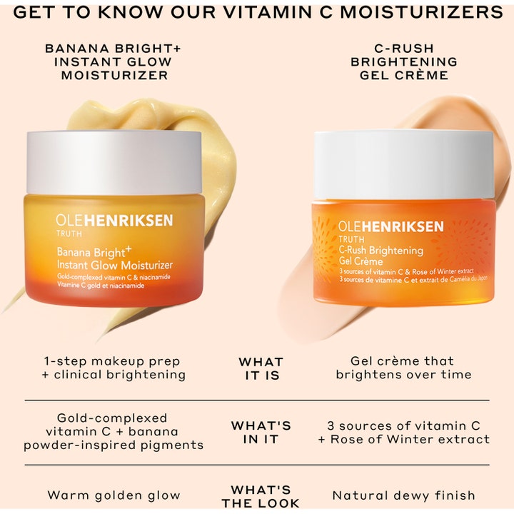 Ole Henriksen Banana Bright+ Instant Glow Moisturizer 50 ml i orange burk jämförd med C-Rush Gel Crème.