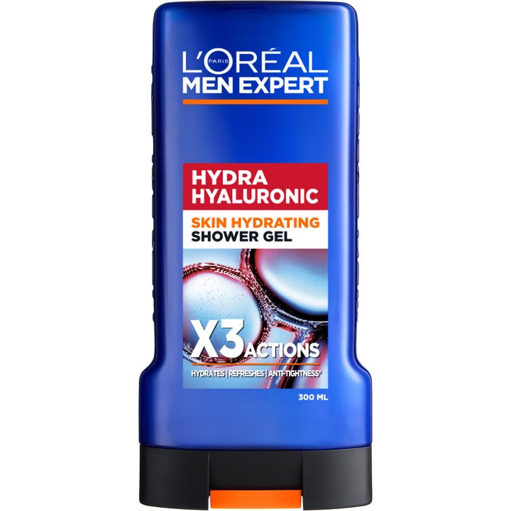 L'Oréal Men Expert Hydra Hyaluronic återfuktande duschgel i blå plastflaska med hyaluronsyra och svart kork.