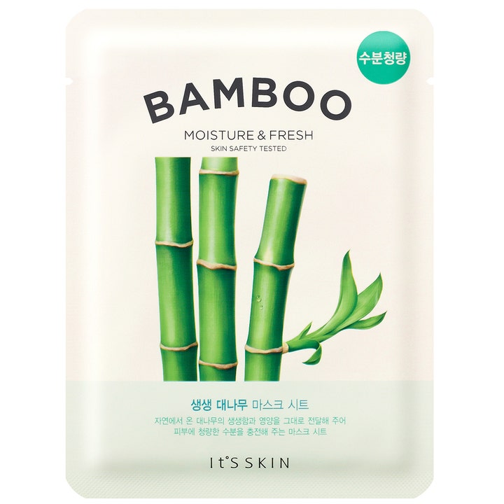 It'S SKIN Bamboo Moisture & Fresh 1 st återfuktande bambumask i vit och grön förpackning prydd med bambustjälkar.