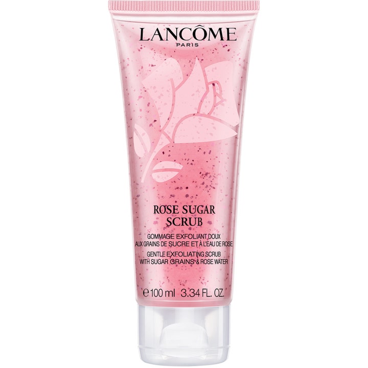 Lancôme Rose Sugar Scrub 100 ml ansiktsskrubb med socker för skonsam exfoliering i en rosa tub med rosmotiv.